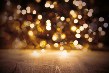 Golden Christmas Lights Background, Party Texture With Wood