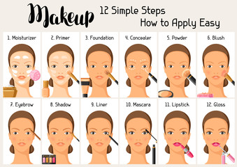 Makeup 12 simple steps how to apply easy. Information banner for catalog or advertising
