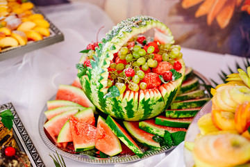 Authentic buffet, assorted fresh fruits, grapes and watermelon.
