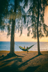 Silhouette of woman reading in hammock