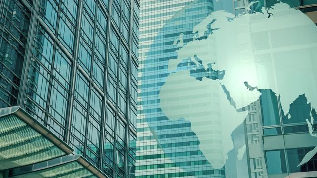 World globe and office buildings