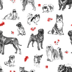 Seamless pattern with oriental dogs and cherry blossom, handmade ink painting,  on white background. Chinese zodiac background. Textile design.