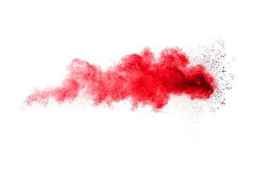abstract red dust explosion on  white background. abstract red powder splatted on white background, Freeze motion of red powder exploding.
