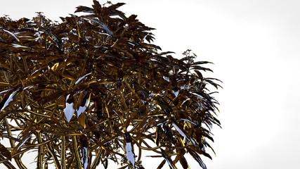 3d rendering of an abstract reflective golden tree on a white background