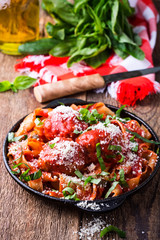 Homemade  traditional Italian pasta pappardelle with meatballs