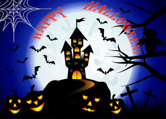 Halloween. Castle on the dais, full moon, night landscape. Silhouettes of owls, bats, crosses, tree branches