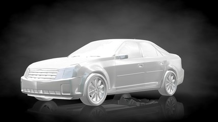 3d rendering of a white reflective car on a dark black background