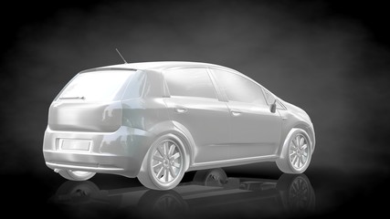 Plakat 3d rendering of a white reflective car on a dark black background
