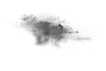 Abstract design of black powder cloud against white background.