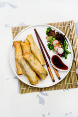 Fried spring rolls with vegetables, duck meat and noodle on white stone table. Copy space. Top view