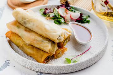 Fried spring rolls with vegetables, duck meat and noodle on white stone table. Copy space. Top view