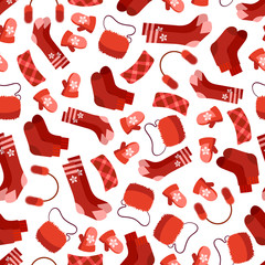 Red winter accessorises seamless pattern on white. Vector illustration