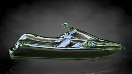 3d rendering of a reflective jet ski on a dark black background
