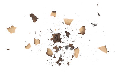 Ash with cardboard scraps, pieces isolated on white background, texture, top view