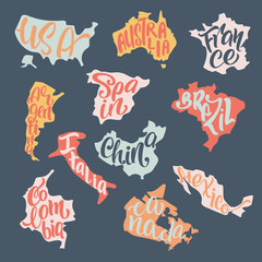 Handwritten lettering with country names inscribed in the silhouettes of maps. USA, Australia, France, Spain, Brazil, Italy, Argentina, Canada, Colombia, Mexico, China. r