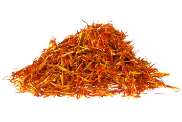 Heap of dried saffron spice isolated on a white background. Exotic red hot spice.