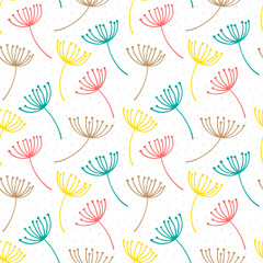 Hand drawn pattern with decorative dandelion seeds. Stylized colorful branches. Summer spring background, nature collection. Vector illustration