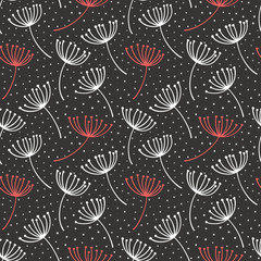 Fototapeta premium Hand drawn pattern with decorative dandelion seeds. Stylized colorful branches. Summer spring background, nature collection. Vector illustration