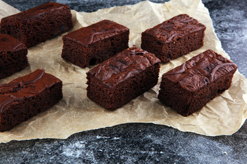 homemade chocolate brownies on grey vintage background, chocolate cake concept