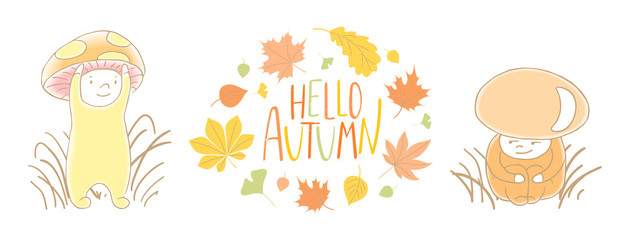 Hand drawn vector illustration of mushrooms fly amanita, red capped scaber stalk in the grass with wreath of leaves, text Hello Autumn.