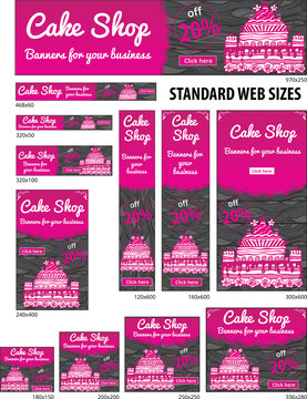 Cake Banner Set, standard web sizes, vector templates