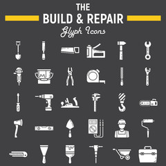Build and Repair glyph icon set, construction symbols collection, vector sketches, logo illustrations, tools signs solid pictograms package isolated on black background, eps 10.