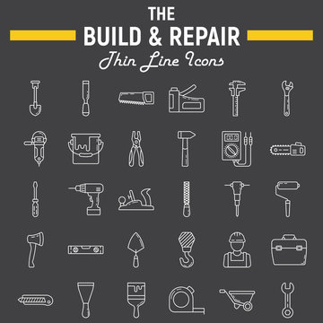 Build and Repair line icon set, construction symbols collection, vector sketches, logo illustrations, tools signs linear pictograms package isolated on black background, eps 10.