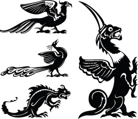 Fantastic animals, fairy birds and dragons, black and white style