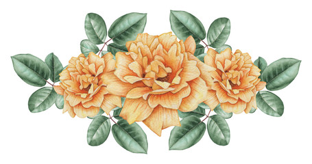 Hand painted watercolor charming combination of Flowers and Leaves, isolated on white background