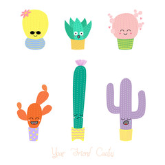 Set of hand drawn cute funny cacti in pots with different face expressions and emotions, text Your friend cactus.