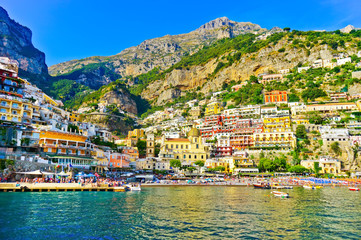 Fototapeta na wymiar View of Positano village on a sunny day along Amalfi Coast in Italy.
