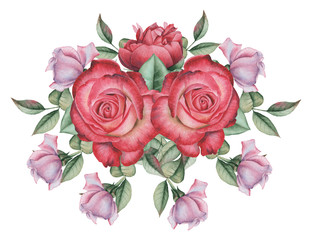 Hand painted watercolor charming combination of Flowers and Leaves, isolated on white background