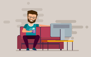 Man is watching TV on the couch with a cup. Vector illustration. Watching TV, relaxing at home on the couch