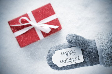 Red Gift, Glove, Text Happy Holidays, Snowflakes