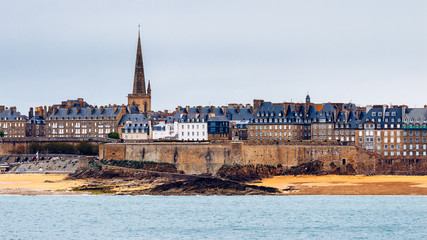 Saint Malo beach, Fort National during Low Tide. Brittany, France, Europe.