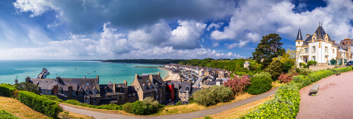 Panoramic view of Cancale, located on the coast of the Atlantic Ocean on the Baie du Mont Saint Michel, in the Brittany region of Western France - obrazy, fototapety, plakaty