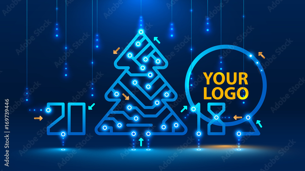 Poster Template new year and Christmas cards in the style of new technologies. Christmas tree, 2018 year on the printed circuit Board. Snowfall and snow flakes from the electronic pulses and signals. VECTOR