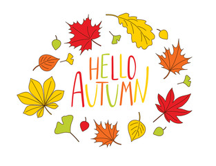 Hand drawn vector illustration of a wreath of colourful autumn leaves with written text Hello Autumn.