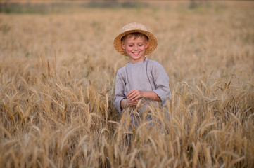Naklejka na ściany i meble Beautiful child play a field of wheat