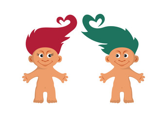 Two hairy trolls in love icon vector. Cute troll figures icon set vector isolated on white background. Male and female gnome with pink and green hair design element - obrazy, fototapety, plakaty
