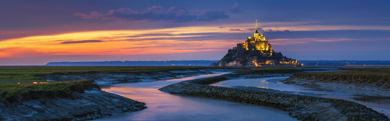 Mont Saint-Michel view in the sunset light. Normandy, northern France