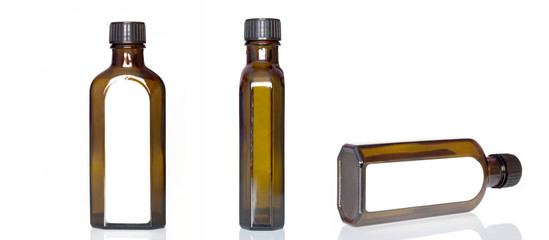 Brown glass empty bottle with plastic screw cap. Medicine or cosmetic clear package. Isolated on white background.	