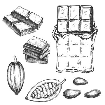 Hand drawn chocolate bar and cacao beans, black and white draft sketch isolated on white background. Vintage vector food illustration.