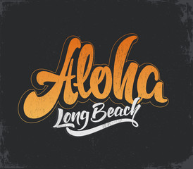 Aloha surfing lettering. Vector calligraphy illustration. Tropical t-shirt graphics. - obrazy, fototapety, plakaty