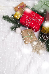 Christmas background with decorations and gift boxes
