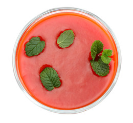 tomato juice with mint leaf isolated on white background. top view