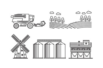 Fototapeta premium The set of elements of agriculture for growing cereals, wheat, rye. Vector icons on the theme of farming and growing grain for flour production isolated on white background.