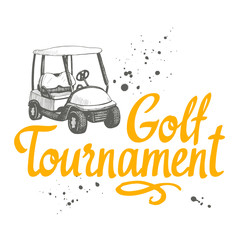 Golf car. Vector set of hand-drawn sports equipment. Illustration in sketch style on white background. Brush calligraphy elements for your design. Handwritten ink lettering. Tournament.