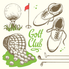 Golf set with basket, shoes, putter, ball, gloves, flag, bag. Vector set of hand-drawn sports equipment. Illustration in sketch style on white background. Handwritten ink lettering. - 169743610