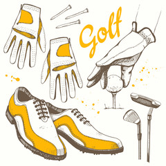 Golf set with basket, shoes, putter, ball, gloves, bag. Vector set of hand-drawn sports equipment. Illustration in sketch style on white background. Handwritten ink lettering.